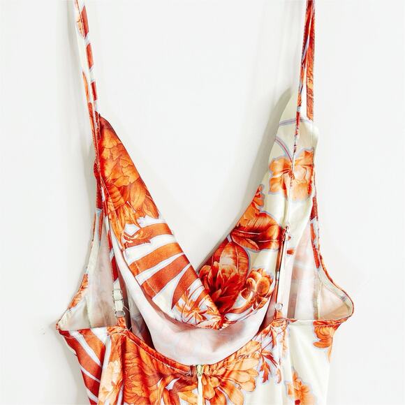 Pretty Little Thing Orange Floral Print Satin Cowl Neck Maxi Dress Size 8 - Picture 9 of 11